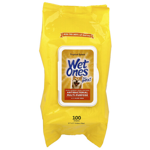 Wet Ones, For Pets!, Antibacterial Multi-Purpose Wipes, For Dogs, Tropical Splash, 100 Wipes