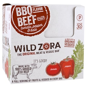 Wild Zora Foods LLC, Батончик из мяса и овощей, говядина барбекю и помидор, перец и капуста, 10 упаковок, по 1,1 унц. (31 г) каждая