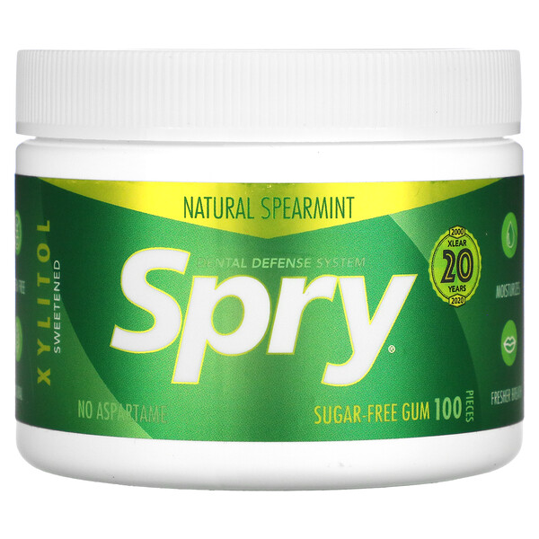 Spry, Dental Defense System, Sugar Free Gum, Natural Spearmint, 100 Pieces