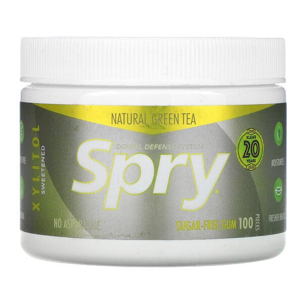 Spry, Chewing Gum, Natural Green Tea, Sugar-Free, 100 Count, (120 g)