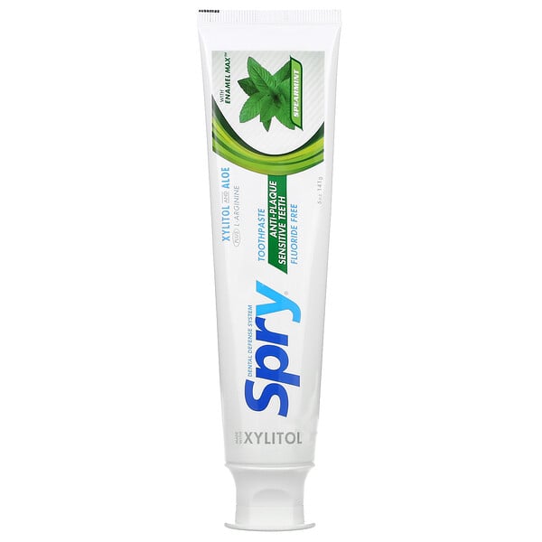 Natural Spry Toothpaste, Anti-Plaque Sensitive Teeth, Fluoride Free, Spearmint, 5 oz (141 g)