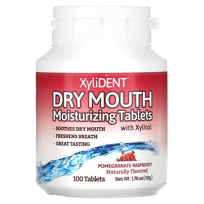 

XyliDENT Dry Mouth, увлажняющие таблетки с ксилитолом, гранат и малина, 100 таблеток