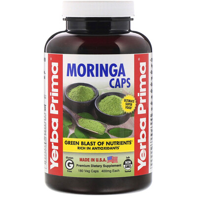 Yerba Prima Моринга в капсулах, 400 мг, 180 растительных капсул