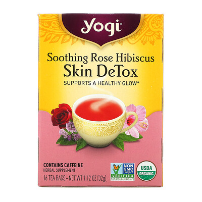 Yogi Tea Skin DeTox, успокаивающий чай с розой и гибискусом, 16 чайных пакетиков, 32 г (1, 12 унции)  - купить со скидкой
