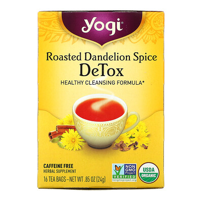 Yogi Tea Detox, вкус жареного одуванчика и специй, без кофеина, 16 чайных пакетиков, 24 г (0,85 унции)