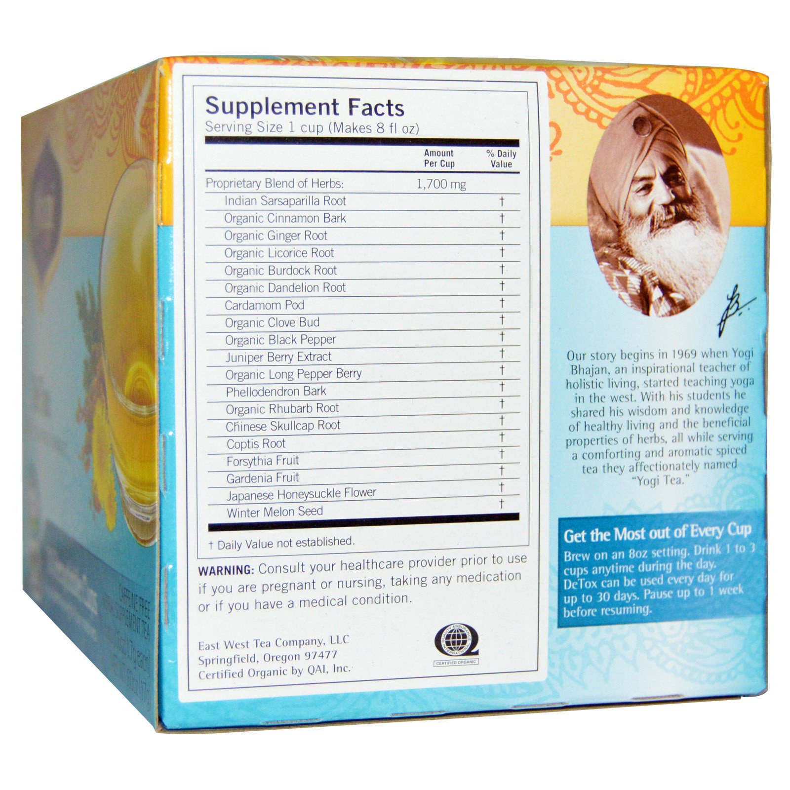 Yogi Tea, Detox, Herbal Supplement Tea, Caffeine Free, 10 Cups, .06 oz