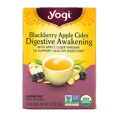 Yogi Tea Пробуждение пищеварения, чай без кофеина с ежевикой и яблочным сидром, 16 чайных пакетиков, 29 г (1,02 унции)