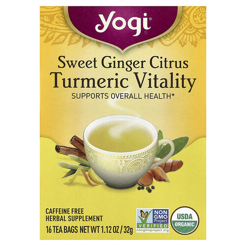 Yogi Tea, Turmeric Vitality, Sweet Ginger Citrus, Caffeine Free, 16 Tea Bags, 1.12 oz (32 g)