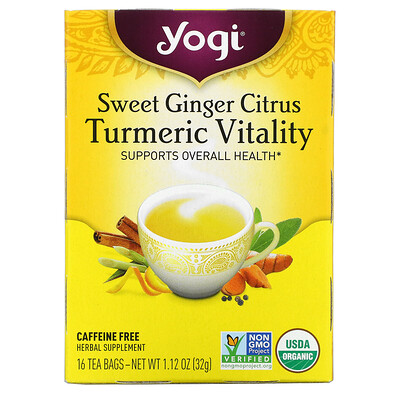 Yogi Tea Sweet Ginger Citrus Turmeric Vitality, без кофеина, 16 чайных пакетиков, 1,12 унции (32 г)