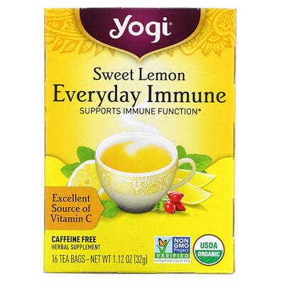 Купить Yogi Tea Everyday Immune, чай для поддержки иммунитета со вкусом сладкого лимона, без кофеина, 16 чайных пакетиков по 32 г (1, 12 унции)