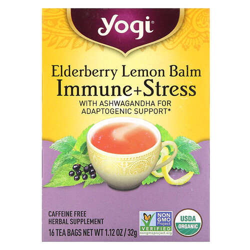 Yogi Tea, Immune + Stress, Elderberry Lemon Balm, Caffeine Free, 16 Tea Bags, 1.12 oz (32 g)
