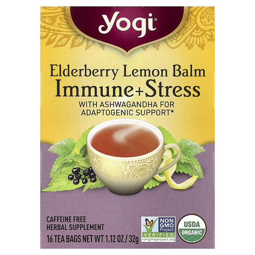 Yogi Tea Elderberry Lemon Balm, Immune + Stress, Caffeine Free, 16 Tea Bags, 1.12 oz (32 g)