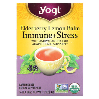 Yogi Tea, Immune + Stress, Elderberry Lemon Balm, Caffeine Free, 16 Tea Bags, 1.12 oz (32 g)
