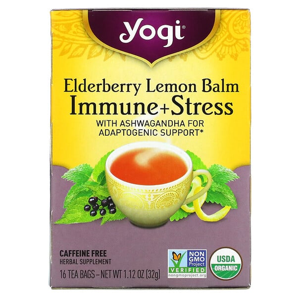 Yogi Tea, 接骨木/蜜蜂花茶包，免疫支援 + 压力舒缓，无咖啡萃取，16 袋装，1.12 盎司（32 克）