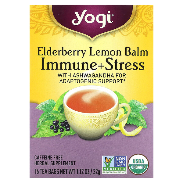 Yogi Tea‏, Immune + Stress, Elderberry Lemon Balm, Caffeine Free, 16 Tea Bags, 1.12 oz (32 g)