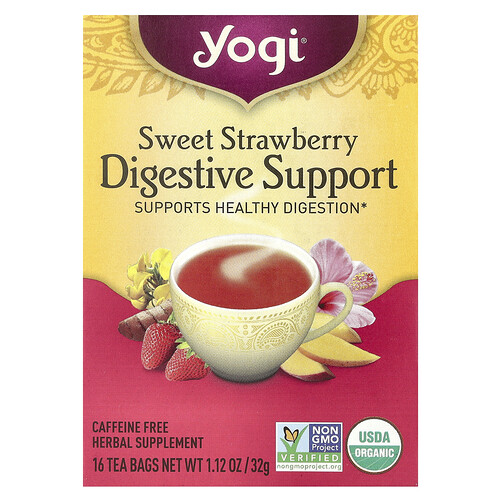 Yogi Tea Digestive Support, Sweet Strawberry, Caffeine Free, 16 Tea Bags, 1.12 oz (32 g)