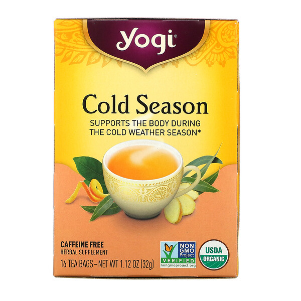 Органический, Cold Season, без кофеина, 16 чайных пакетиков, 1.12 унций (32 г)