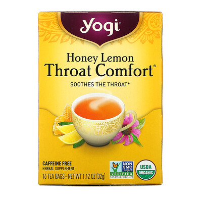 Купить Yogi Tea Органический, Throat Comfort, со вкусом меда и лимона, без кофеина, 16 чайных пакетиков, 1.12 унций (32 г)
