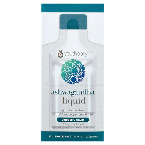Youtheory Ashwagandha Liquid, Blueberry, 12 Pouches, 1 fl oz (30 ml) Each