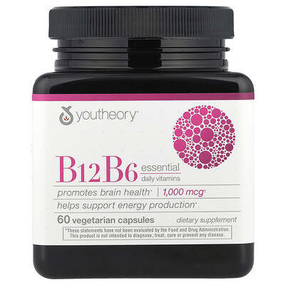 Product Image for Youtheory, B12 B6 Essential Daily Vitamins, 60 Vegetarian Capsules