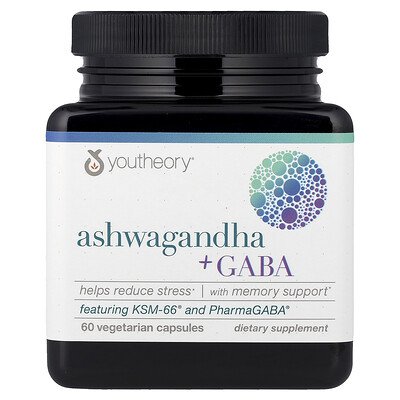 Product Image for Youtheory, Ashwagandha + GABA, 60 Vegetarian Capsules