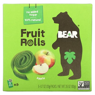 Bear фруктовые рулеты, яблоко, 5 упаковок, по 20 г (0,7 унции)