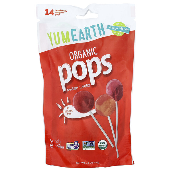 YumEarth Organic Pops, Assorted, 14 Individually Wrapped Pops, 3.1 oz (87 g)