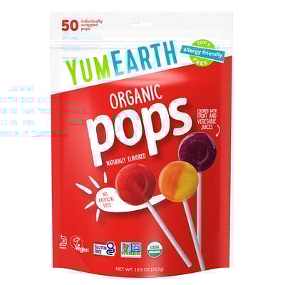 YumEarth, Paletas orgánicas, Sabores surtidos, 50 paletas en envoltorios individuales, 310 g (10,9 oz)