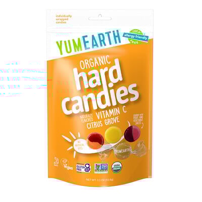 YumEarth, Caramelos duros orgánicos, Vitamina C, Citrus Grove, 93,6 g (3,3 oz)