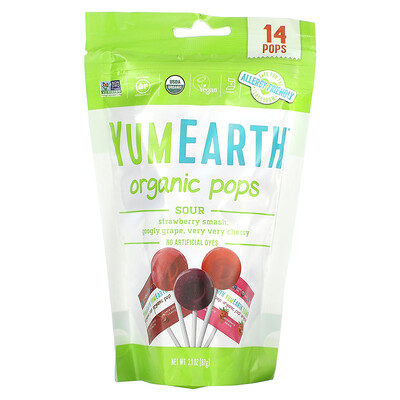 YumEarth Органические кислые леденцы, ассорти вкусов, 14 леденцов, 85 г (3 унции)