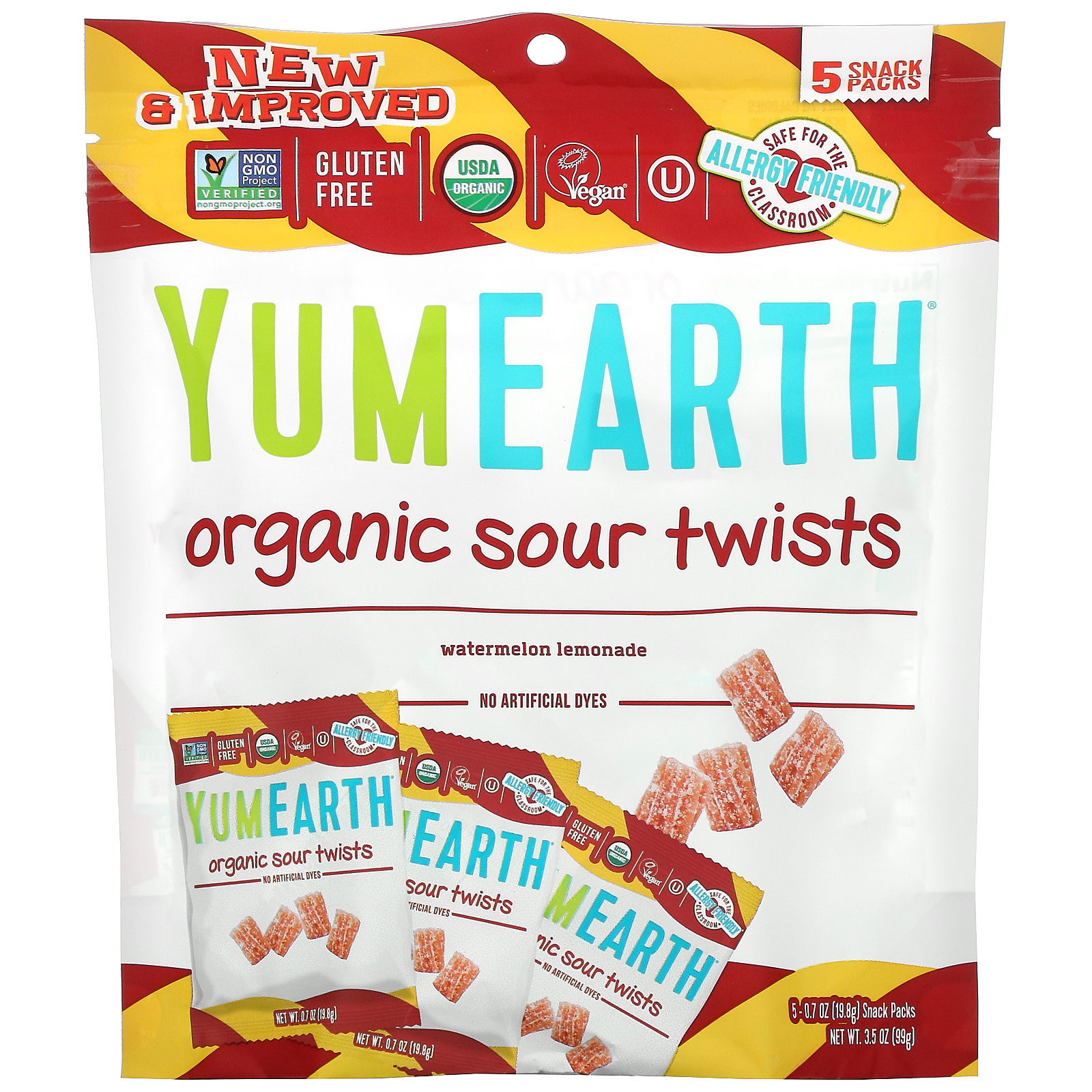 YumEarth, حلوى مموجة عضوية حامضة، البطيخ والليمون، 5 أكياس من الوجبات ...