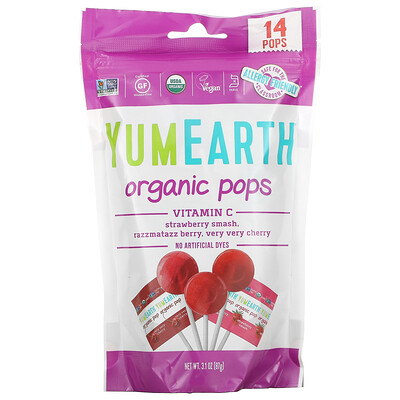 Купить YumEarth Organic Pops, витамин C, клубничное мороженое, ягоды раззматаз, вишня, 14 леденцов, 87 г (3, 1 унции)