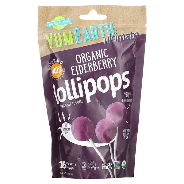 YumEarth, Ultimate, Organic Elderberry Lollipops, 15 Lollipops, 3.3 oz ...