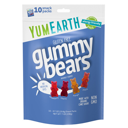 Yumearth Gluten Free Gummy Bears, Strawberry, Cherry, Mango, Peach, 10 Snack Packs, 0.7 oz (19.8 g) Each