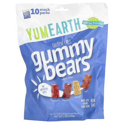 YumEarth  Gluten Free Gummy Bears  Strawberry  Cherry  Mango  Peach  10 Snack Packs  0.7 oz (19.8 g) Each