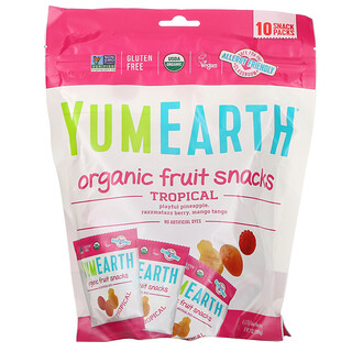 YumEarth, Snacks de fruta orgánica, tropical, 10 packs, 17,6 g (0,62 oz) cada uno