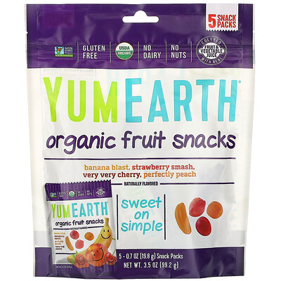 Купить YumEarth Органические фруктовые снеки, 5 упаковок, вес каждой 19, 8 г (0, 7 унции)