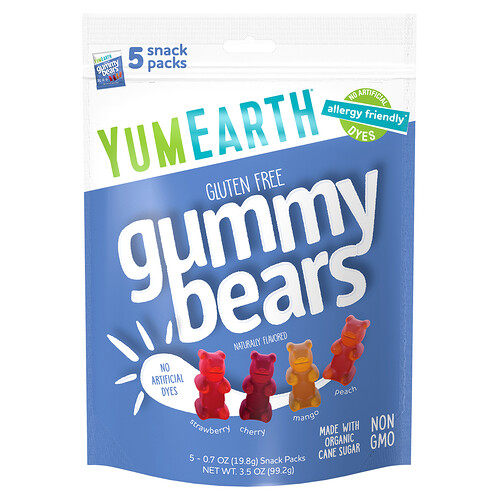 YumEarth, Gluten Free Gummy Bears, Strawberry, Cherry, Mango, Peach, 5 Snack Packs, 0.7 oz (19.8 g) Each