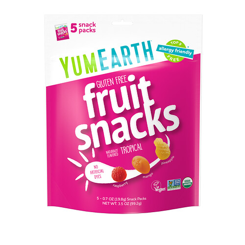 Yumearth Gluten Free Fruit Snacks, Tropical, 5 Snack Packs, 0.7 oz (19.8 g) Each