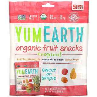 YumEarth, Petiscos de Frutas Orgânicas Tropicais, 5 Embalagens, 0,62 oz (17,6 g) Cada