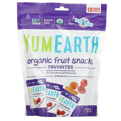 YumEarth органические фруктовые снеки, ассорти любимых вкусов, 10упаковок по 19,8г (0,7унции)