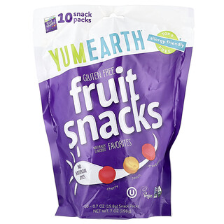 YumEarth‏, חטיפי פירות ללא גלוטן, המועדפים, 10 אריזות חטיפים, 19.8 גרם (0.7 אונקיות) ליחידה