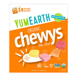 YumEarth, Organic Chewys™, Bocadillos masticables de frutas, 15 paquetes, 14 g (0,5 oz) cada uno