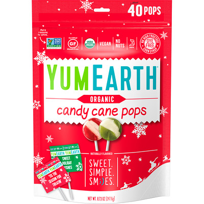 YumEarth Organic, Candy Cane Pops, Wild Peppermint, 40 Pops, 8.73 oz (247.6 g)