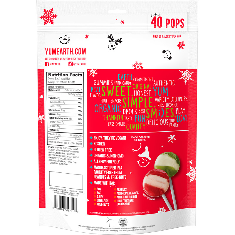 YumEarth, Organic, Candy Cane Pops, Wild Peppermint, 40 Pops, 8.73 oz