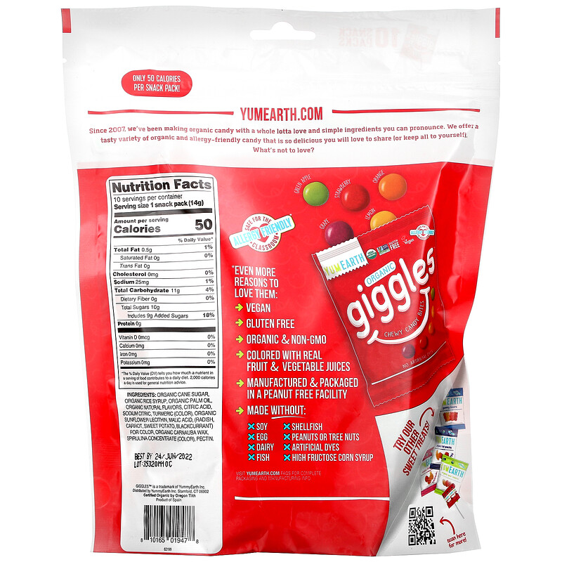 YumEarth, Organic Giggles, 10 Snack Packs, .5 oz (14 g) Each - iHerb