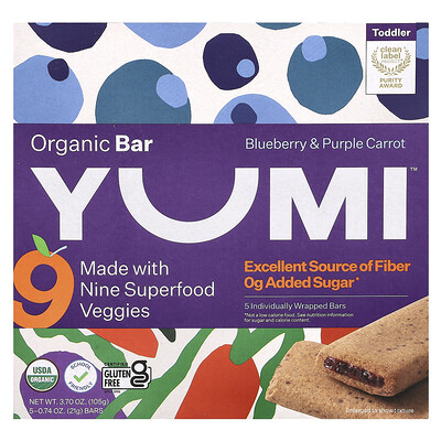 Yumi  Organic Bar  Toddler  Blueberry & Purple Carrot  5 Bars  0.74 oz (21 g) Each