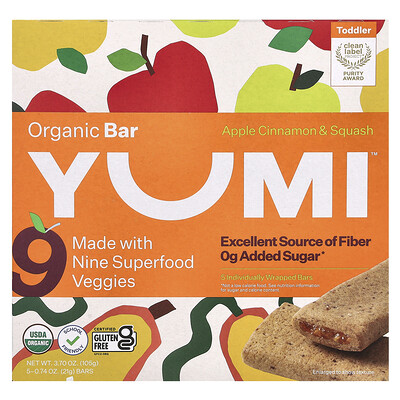 Yumi  Organic Bar  Toddler  Apple Cinnamon & Squash  5 Bars  0.74 oz (21 g) Each