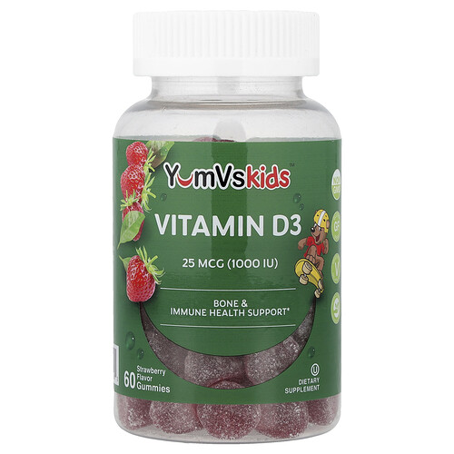 YumVs, Gomitas con vitamina D3, Fresa, 25 mcg (1000 UI), 60 gomitas