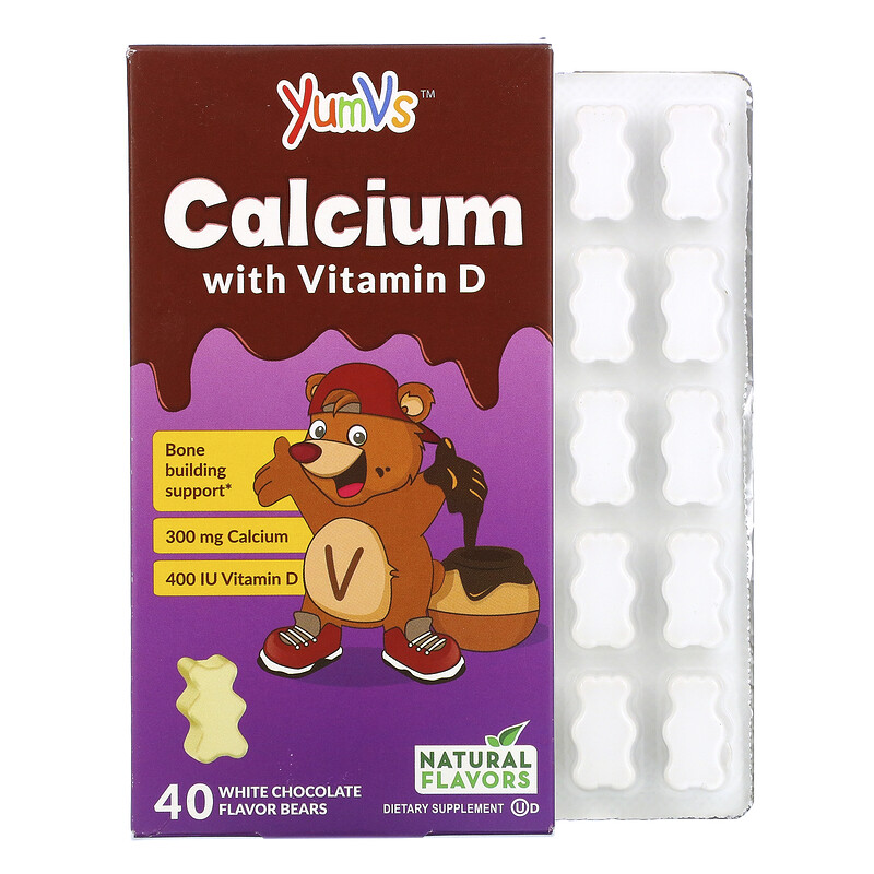 YumV's, D-vitamiinia sisältävä kalsium, valkosuklaa, 40 karhua